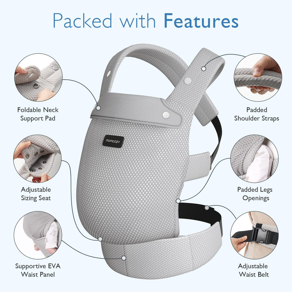 Momcozy ergonomic M-position supports hip and spine alignment for comfort