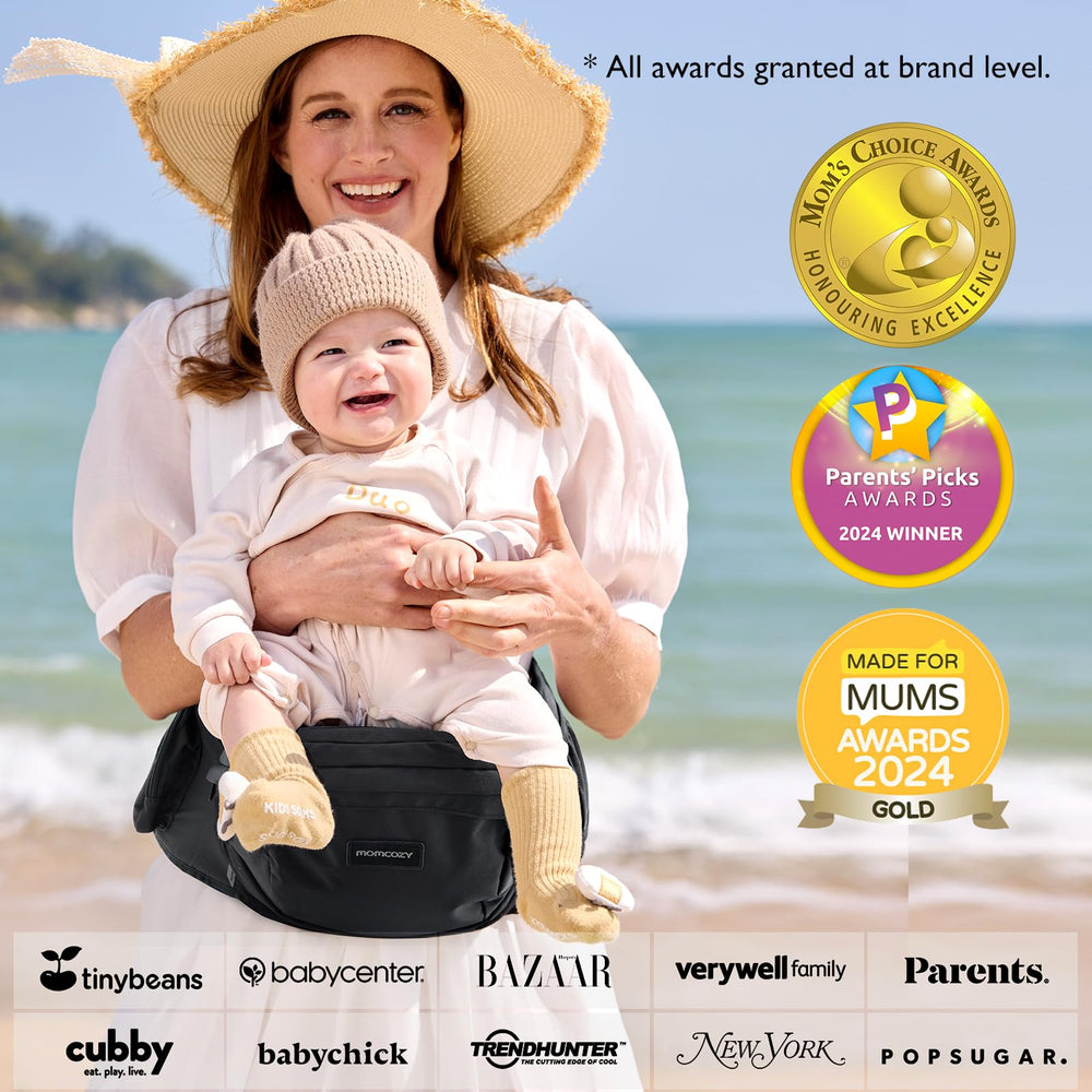 Momcozy ergonomic seat keeps baby in M-position for comfort.