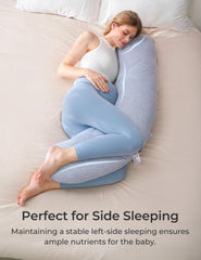 Momcozy ergonomic side-sleep pillow supports head, neck, and belly for comfort.