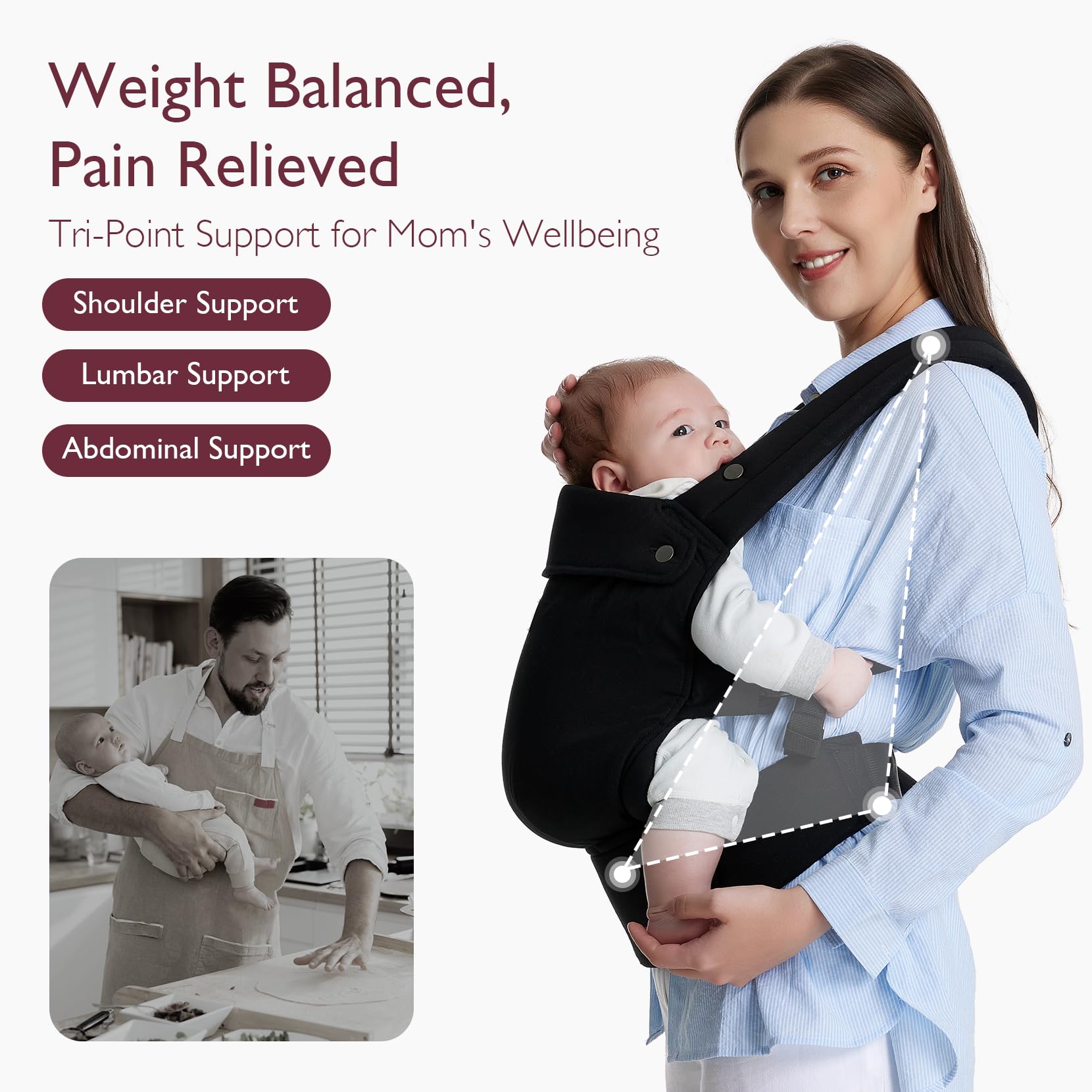 Momcozy ergonomic waist belt close-up showing lumbar support for comfortable all-day wear.