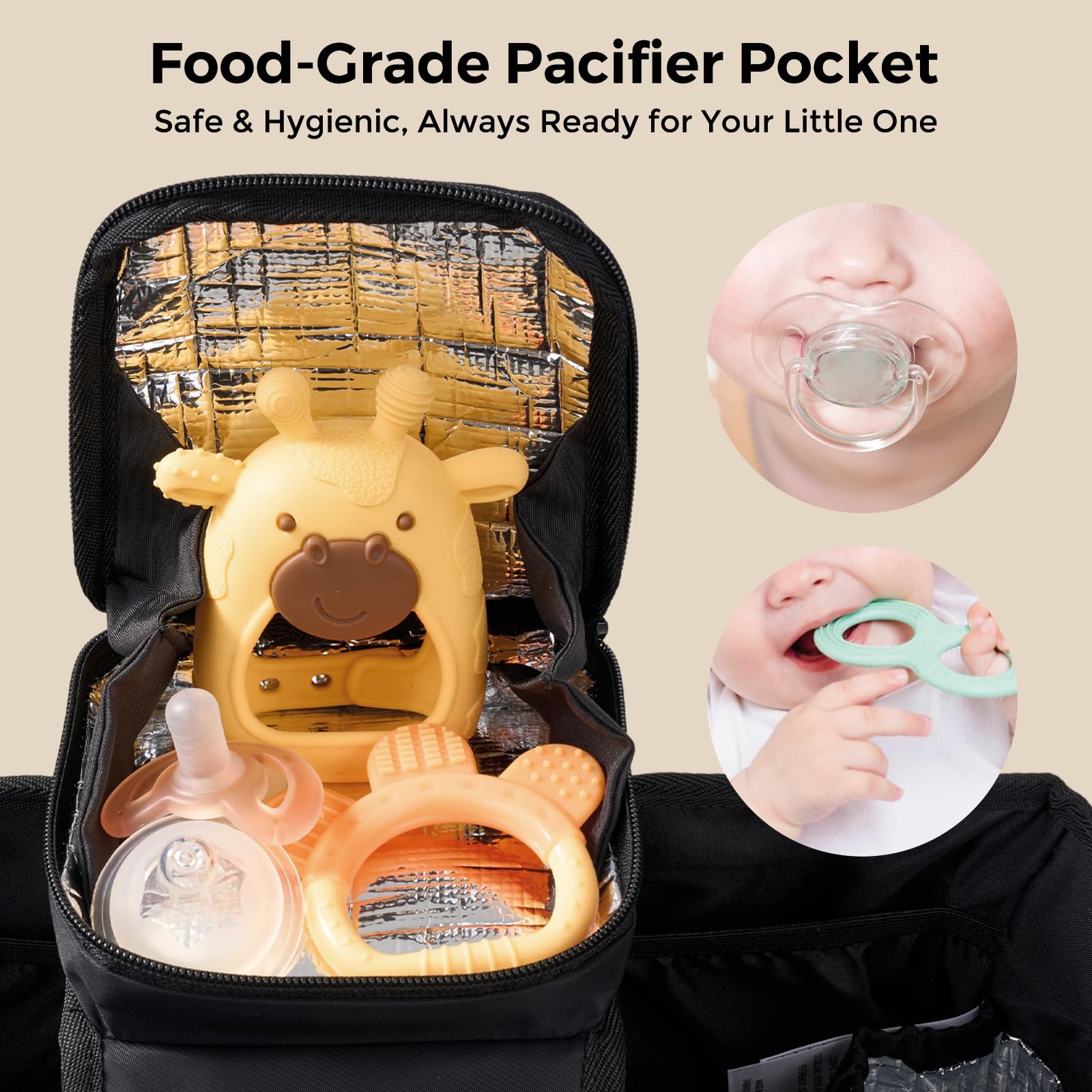 Momcozy Extra Large Stroller Organizer Max insulated cup holder maintains drinks at the ideal temperature.