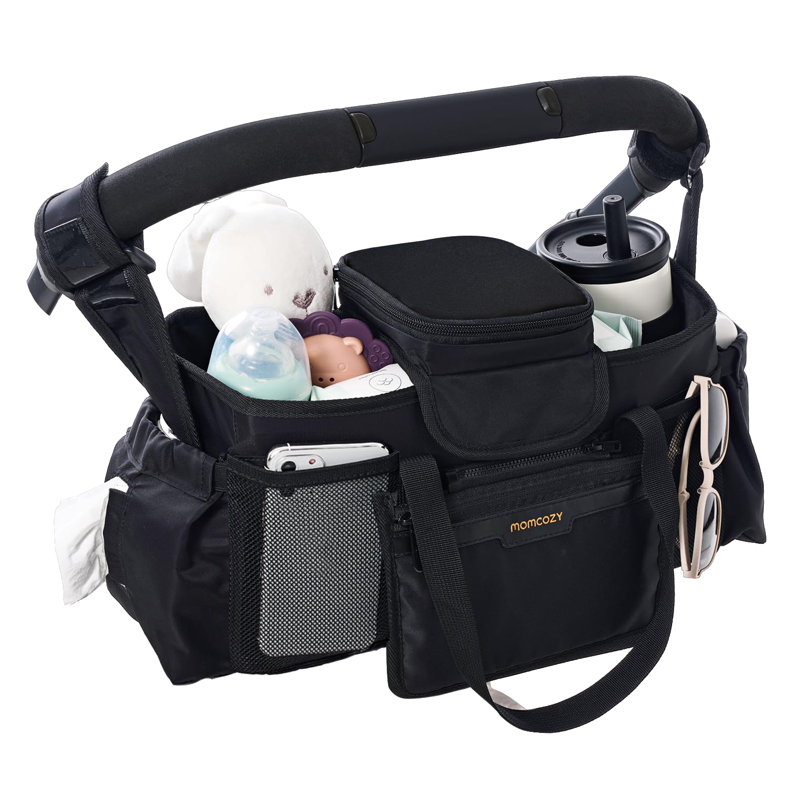 Momcozy Extra Large Stroller Organizer Max pacifier pocket keeps items hygienic and handy.