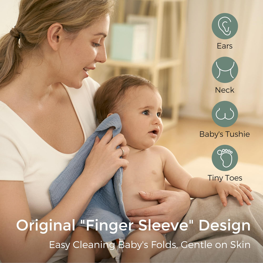 Momcozy finger-sleeve design washcloth enabling one-handed cleaning for baby comfort.
