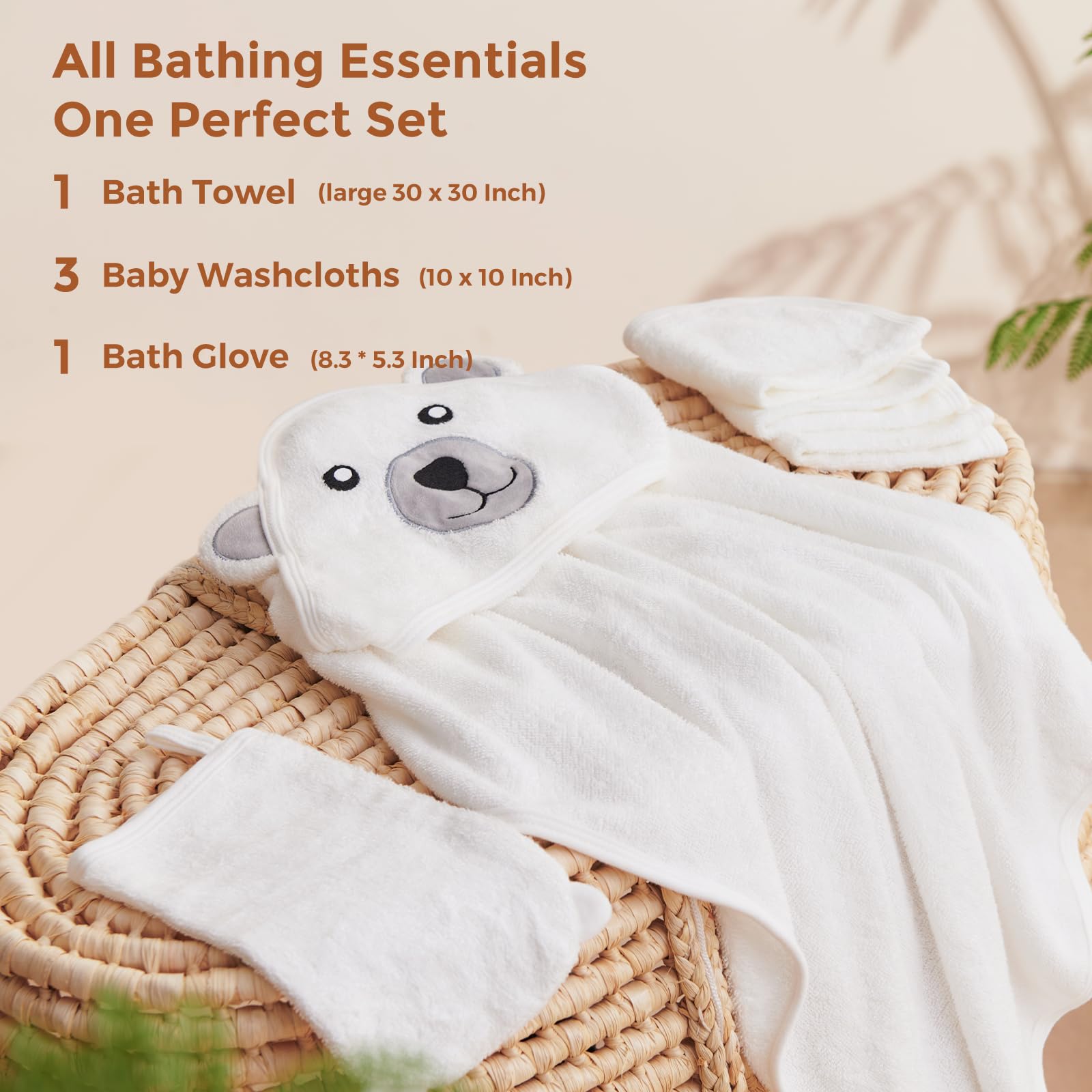 Momcozy five piece set includes towels, washcloths, and glove for bath time.