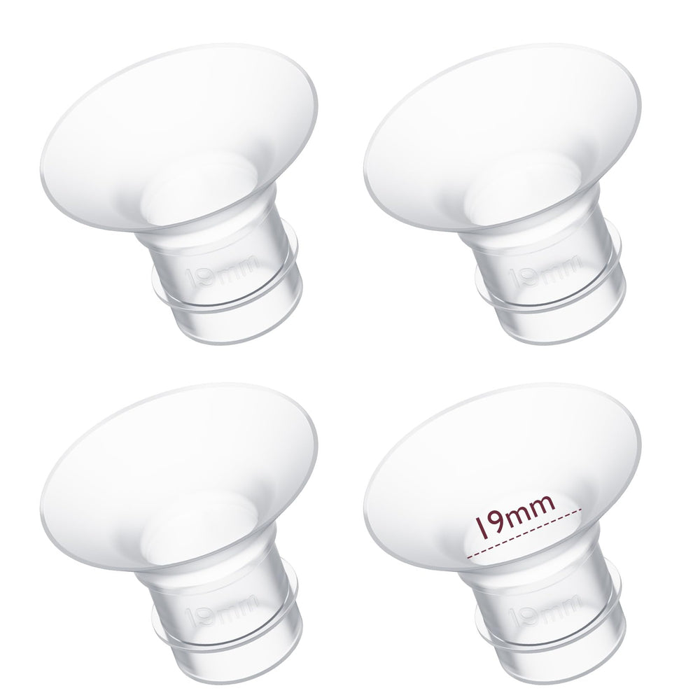 Momcozy 19mm flange insert closeup, silicone design for a comfortable fit with 24mm shields