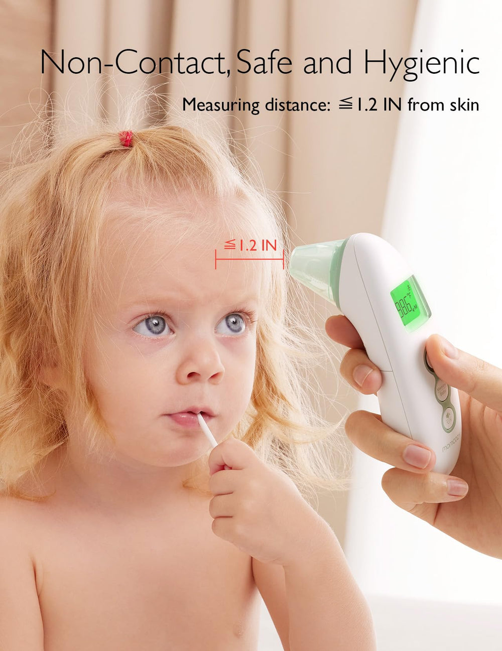 Momcozy forehead thermometer reading shows easy use for caregivers.
