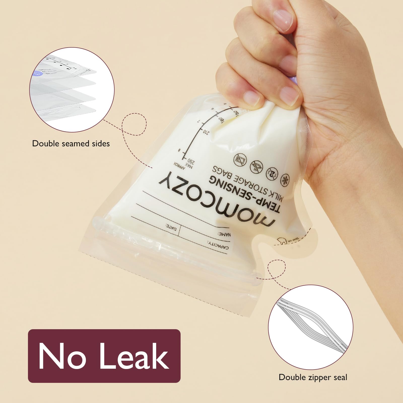 Momcozy freezer-safe, presterilized bags for freezer storage.