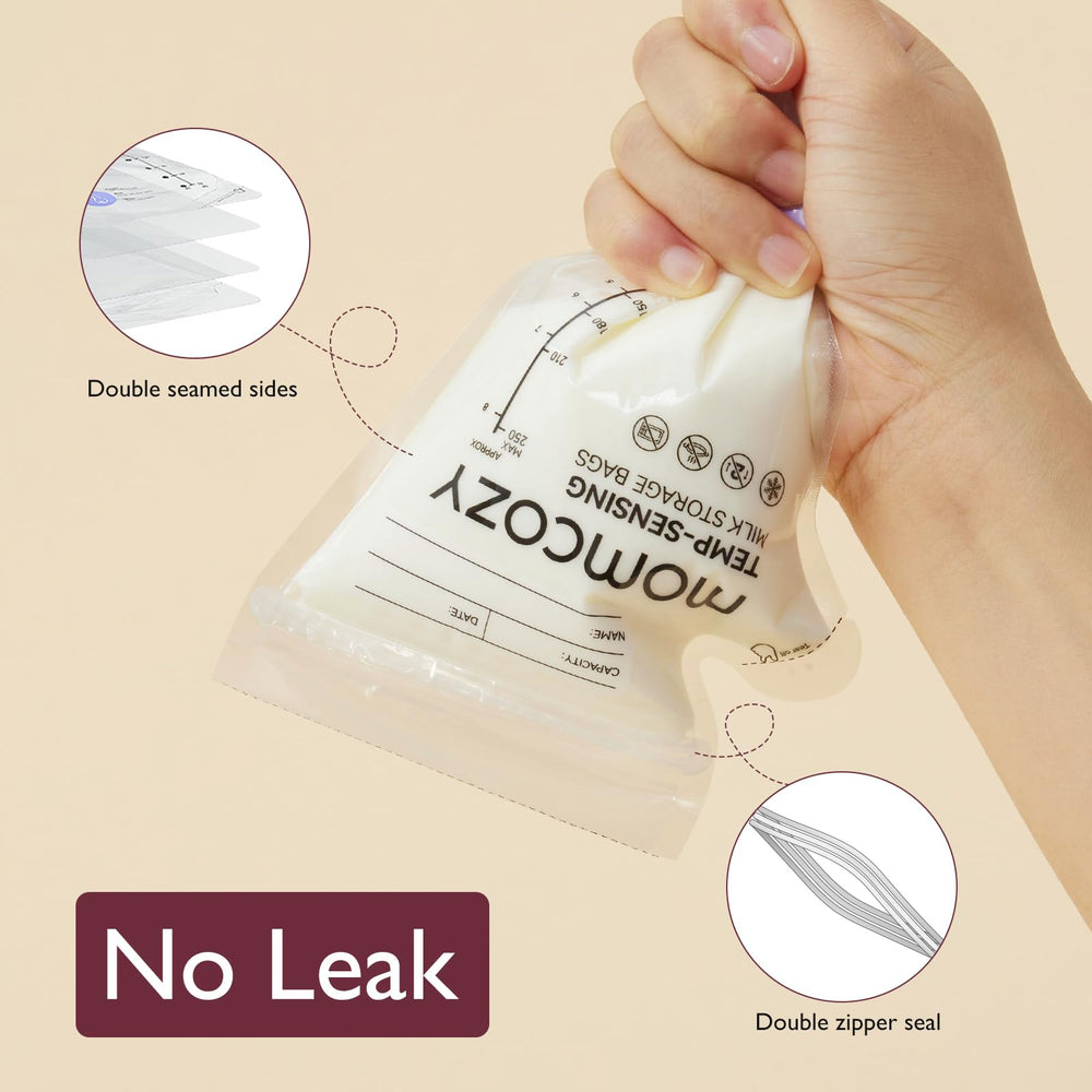 Momcozy freezer-safe, presterilized bags for freezer storage.