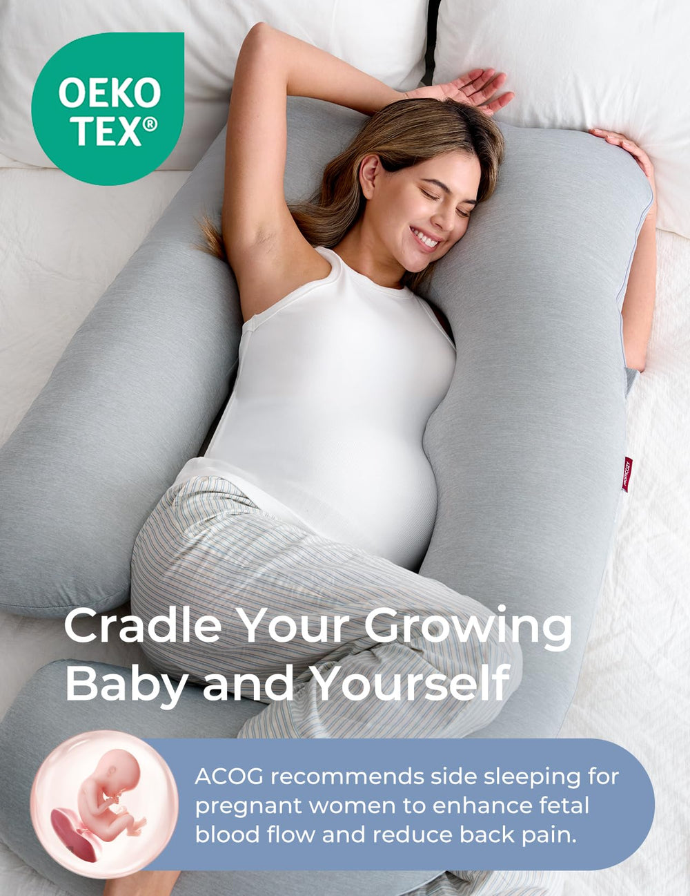 Momcozy full-body pillow offers belly and hip support during pregnancy