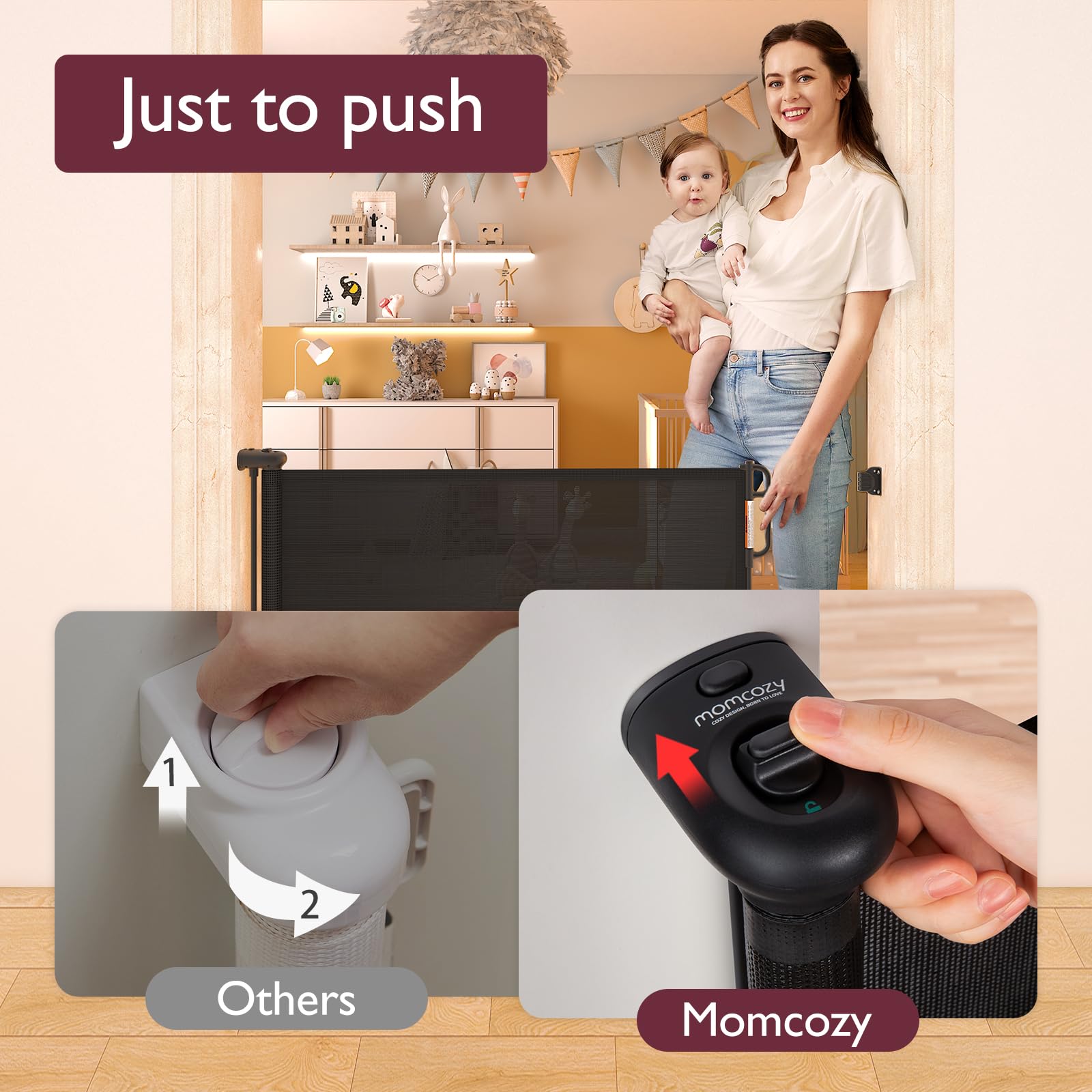 Momcozy gate extends to 71 inches for wider openings.