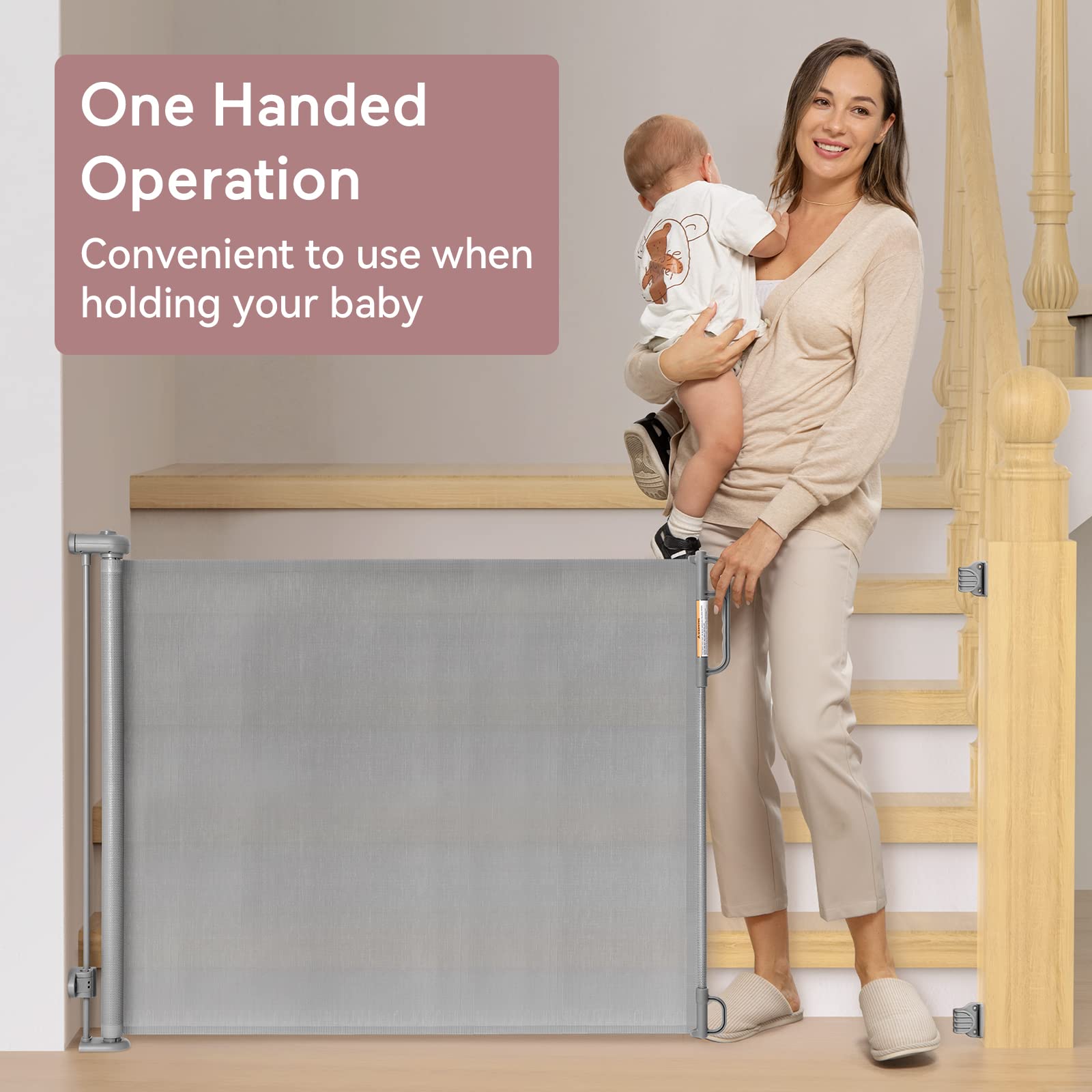 Momcozy gate lock button enables secure one-handed use.