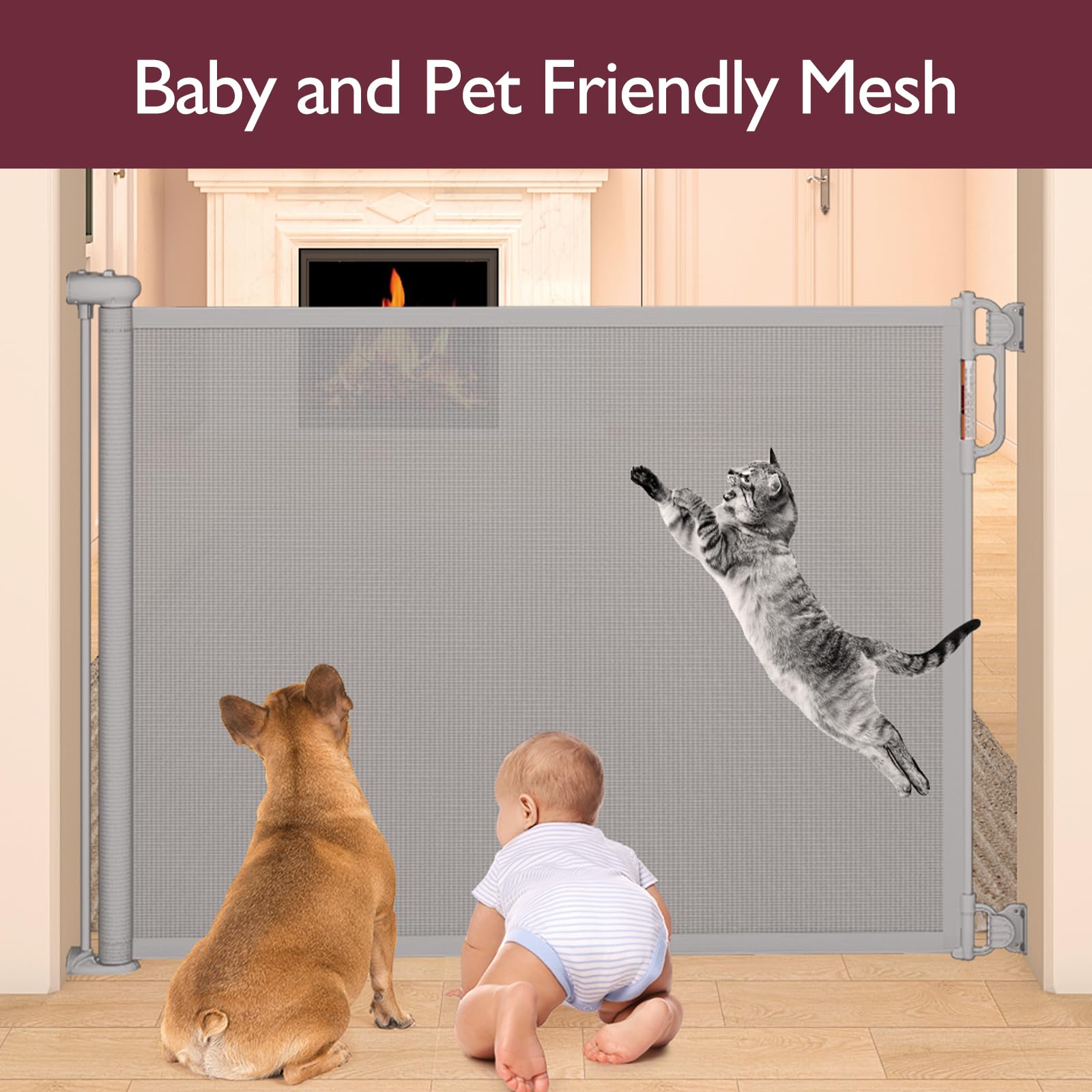 Momcozy gate locking mechanism features double lock for one-handed use.