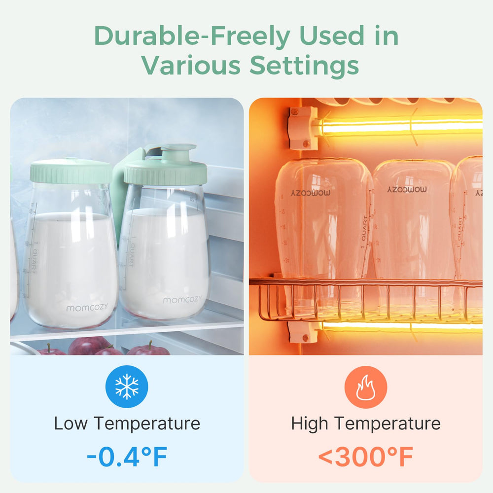Momcozy glass breast milk pitcher with handle lid for easy pouring and controlled serving.