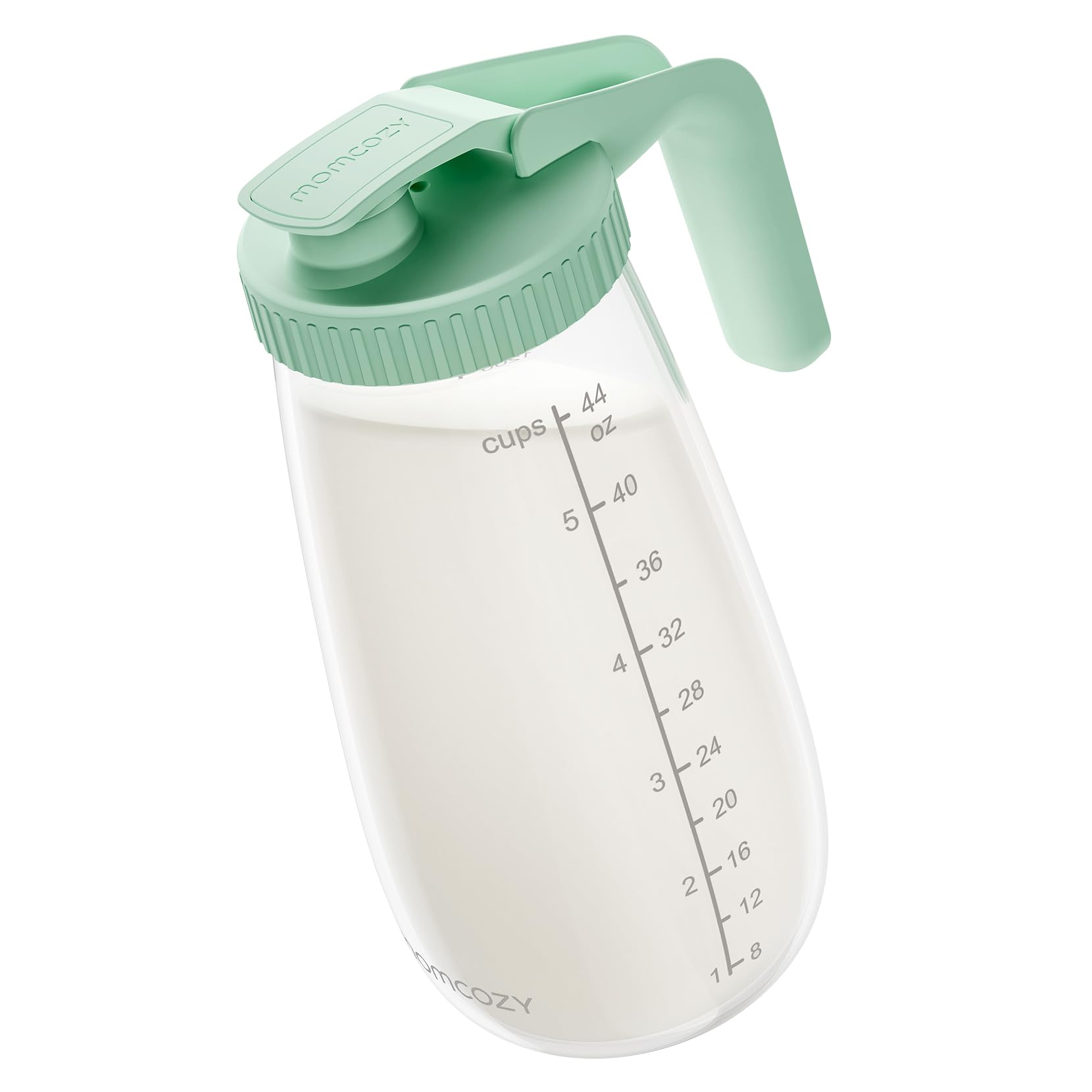 Momcozy glass breast milk pitcher 48oz showing large capacity for busy days