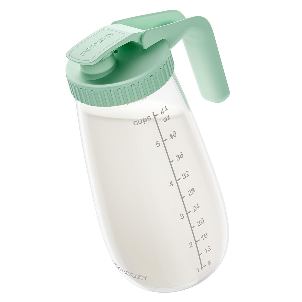 Momcozy glass breast milk pitcher 48oz showing large capacity for busy days