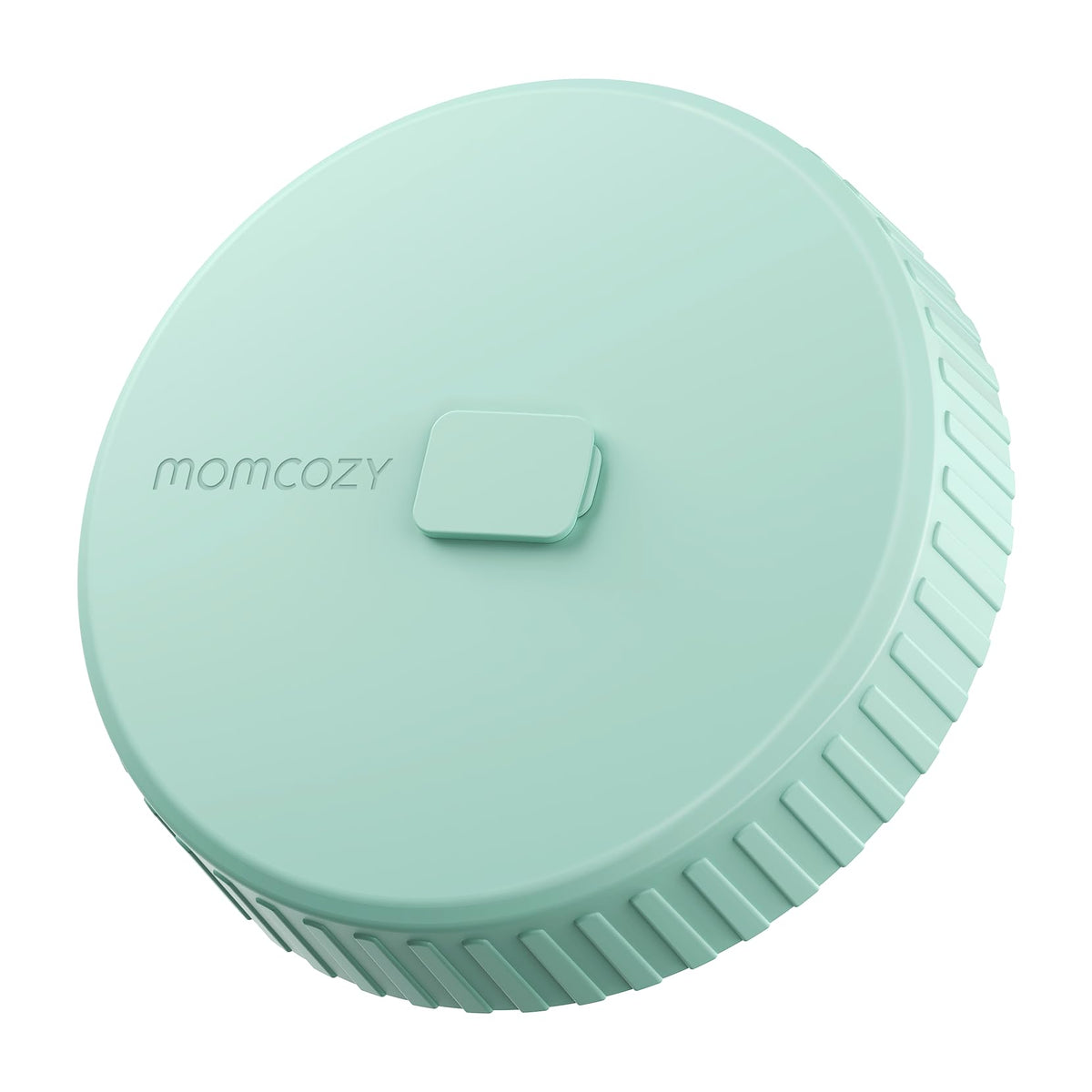 Momcozy glass milk pitcher lid close-up shows leak-proof seal for secure storage.
