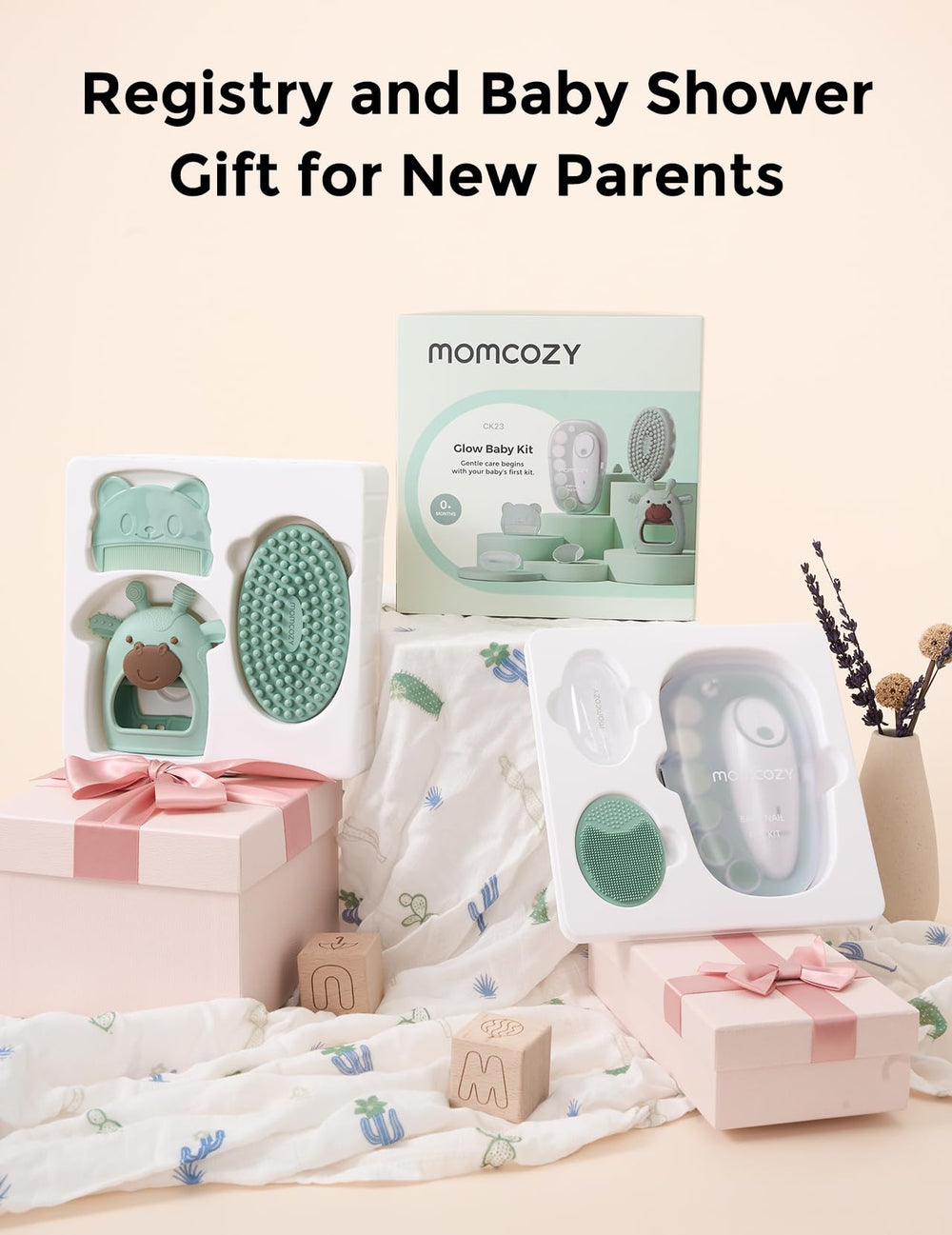 Momcozy Glow Baby Kit cradle cap brush removes dry skin gently.
