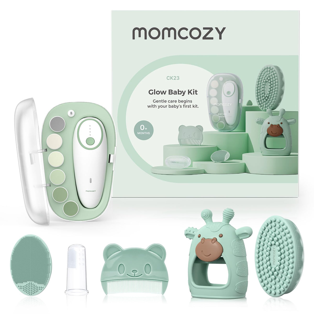 Momcozy Glow Baby Kit electric nail file for gentle nail trimming.