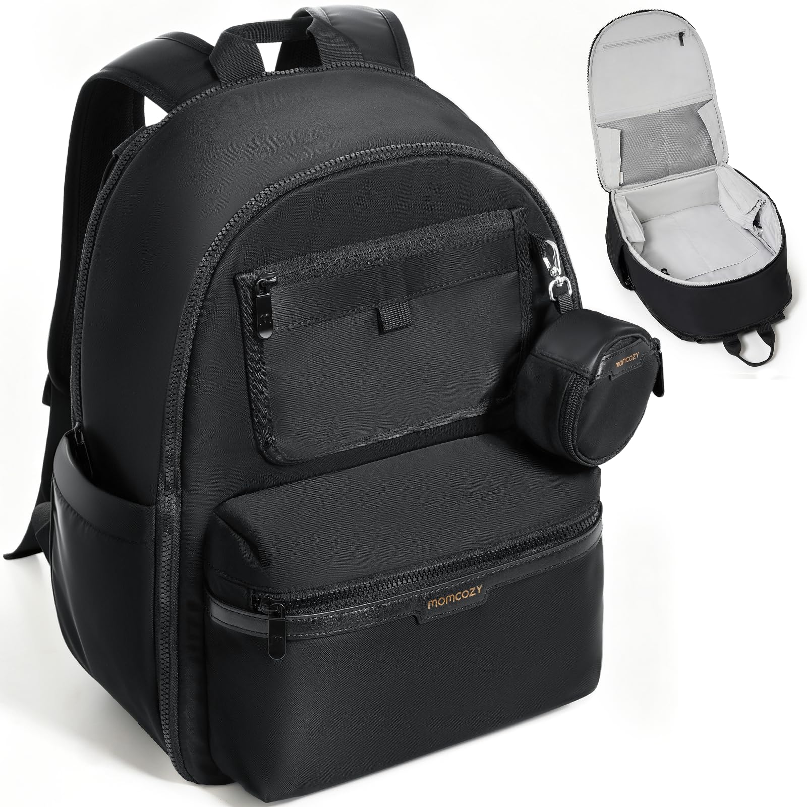Momcozy GoEase diaper bag front view with organized, easy-access compartments