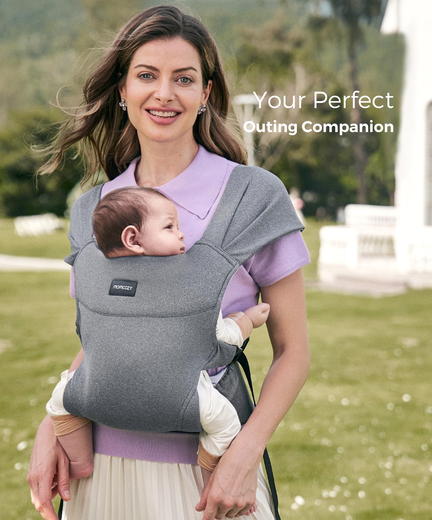 Momcozy grey baby carrier combines style with portable practicality.