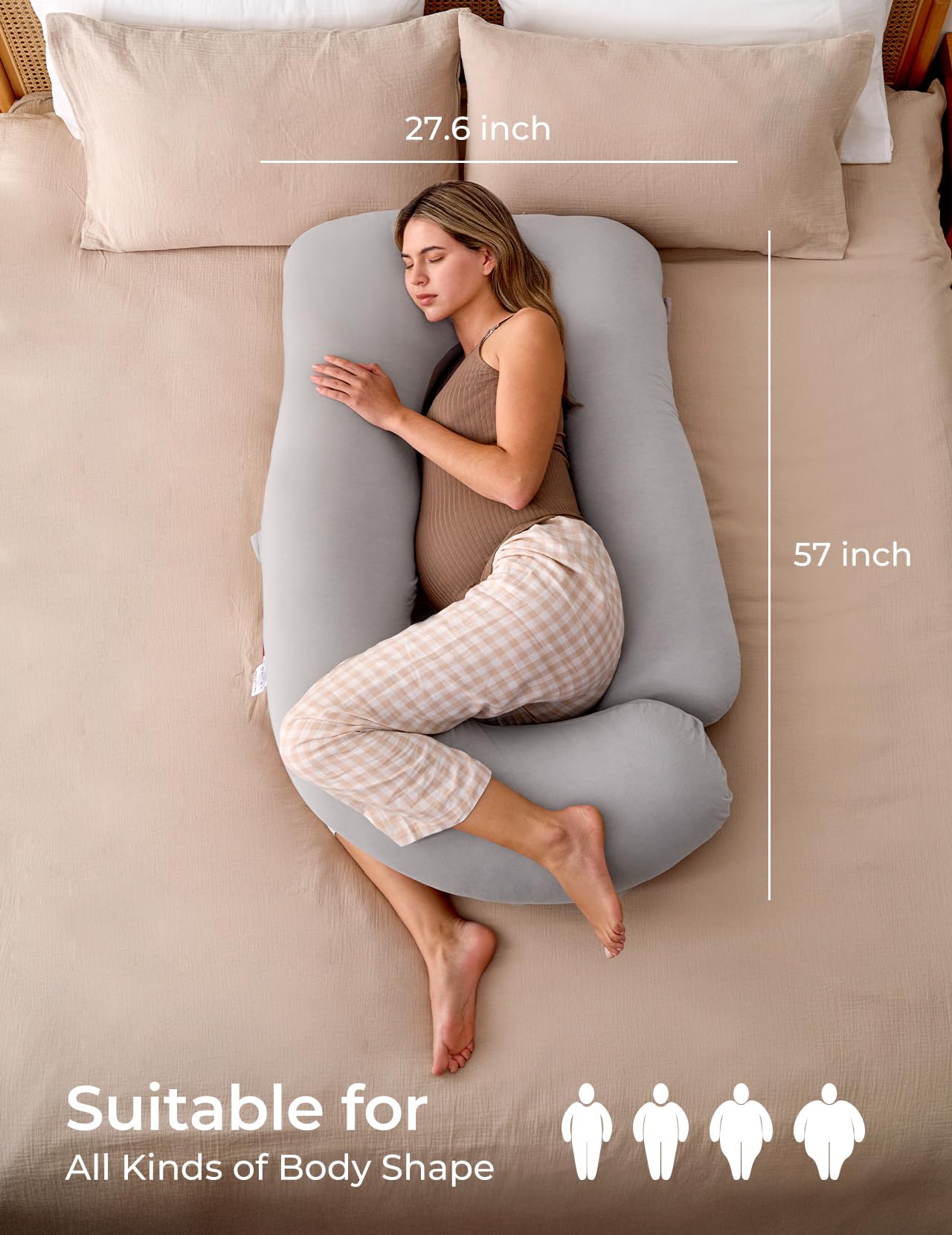 Momcozy grey maternity pillow fits into many bed setups for versatility.