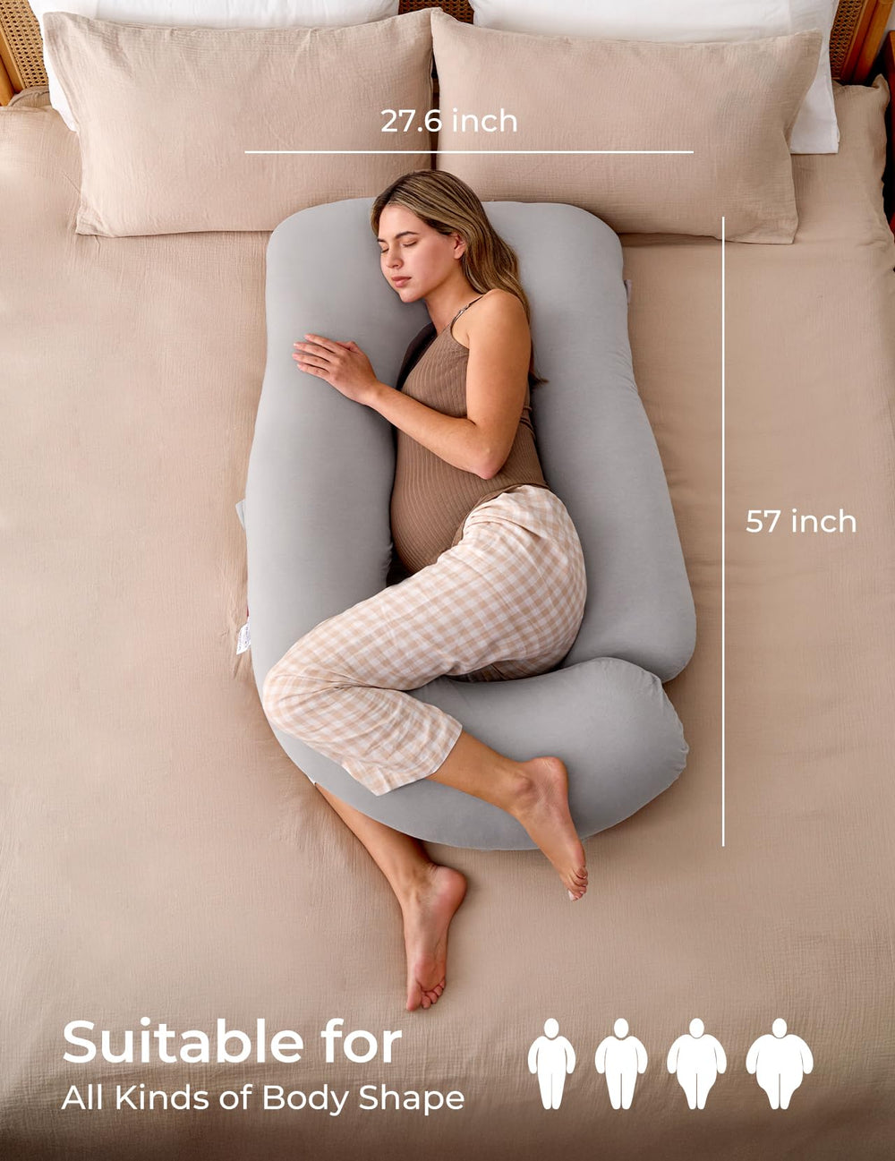 Momcozy grey maternity pillow fits into many bed setups for versatility.