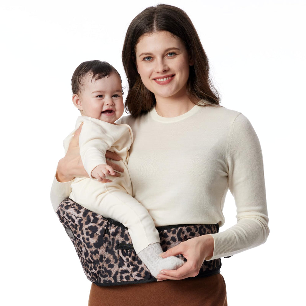 Momcozy Hip Seat Carrier shows the 3D belly protector for comfortable abdominal support during carries