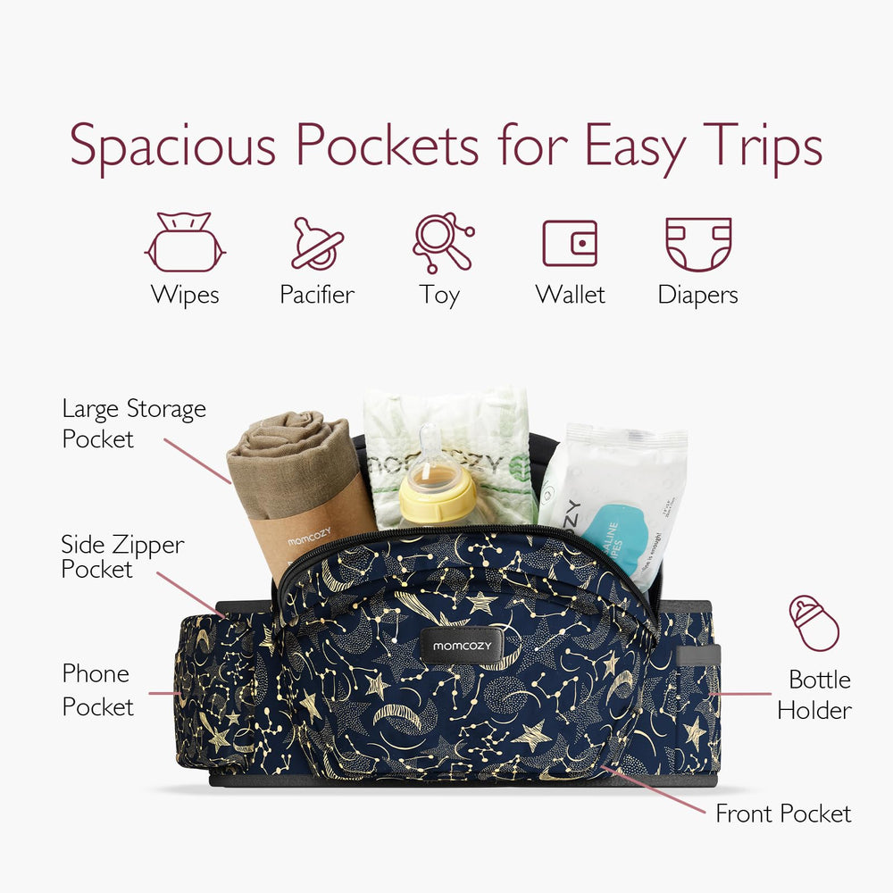 Momcozy hip seat carrier with 3D belly protector ensures gentle abdomen support.