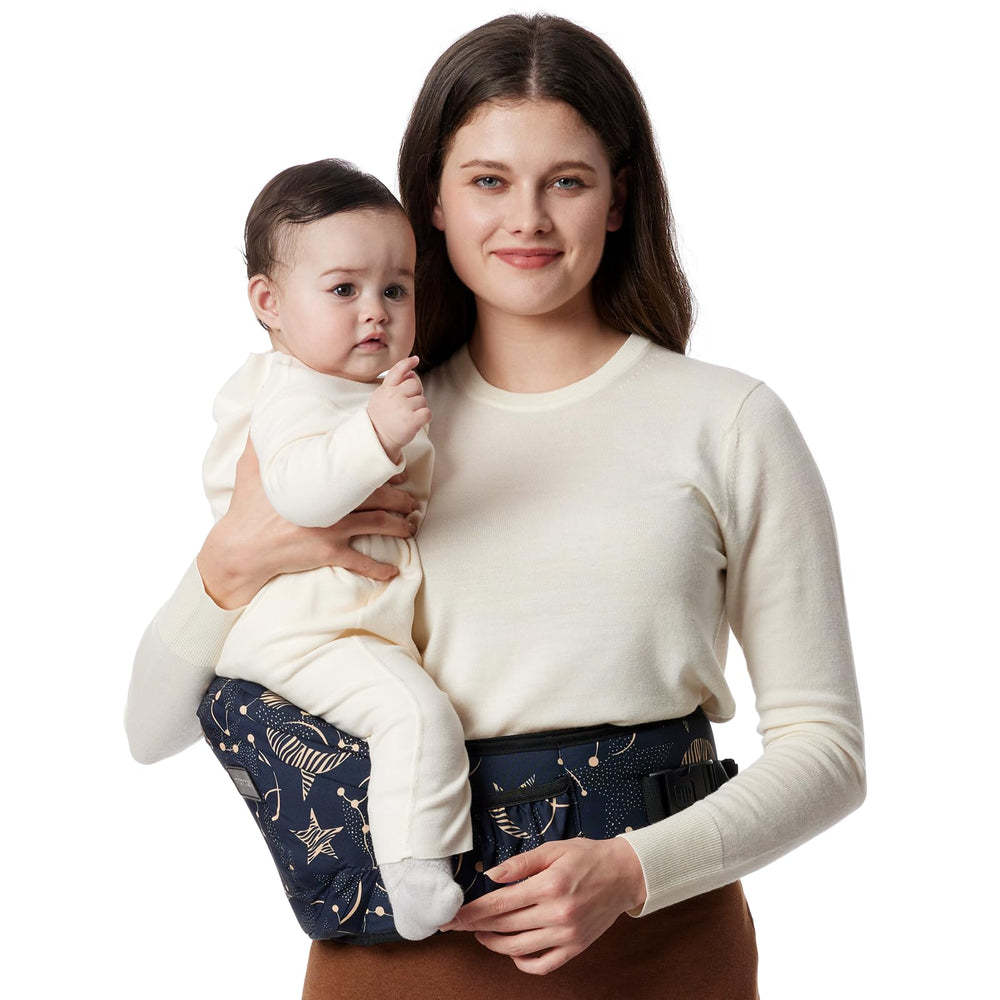 Momcozy hip seat carrier, front view shows ergonomic design supporting baby's spine and parent's posture.