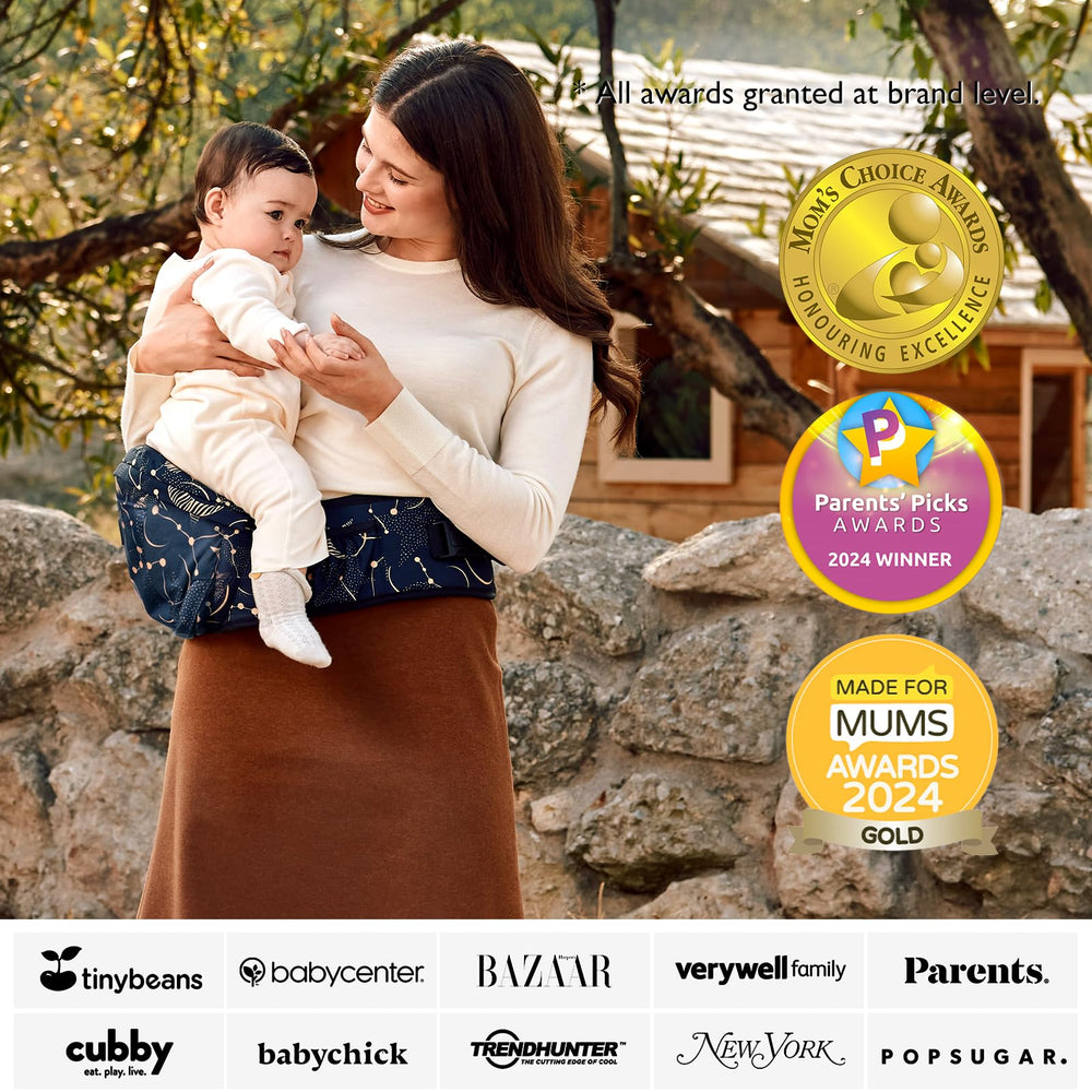 Momcozy hip seat carrier inward-facing view for close bonding with baby.