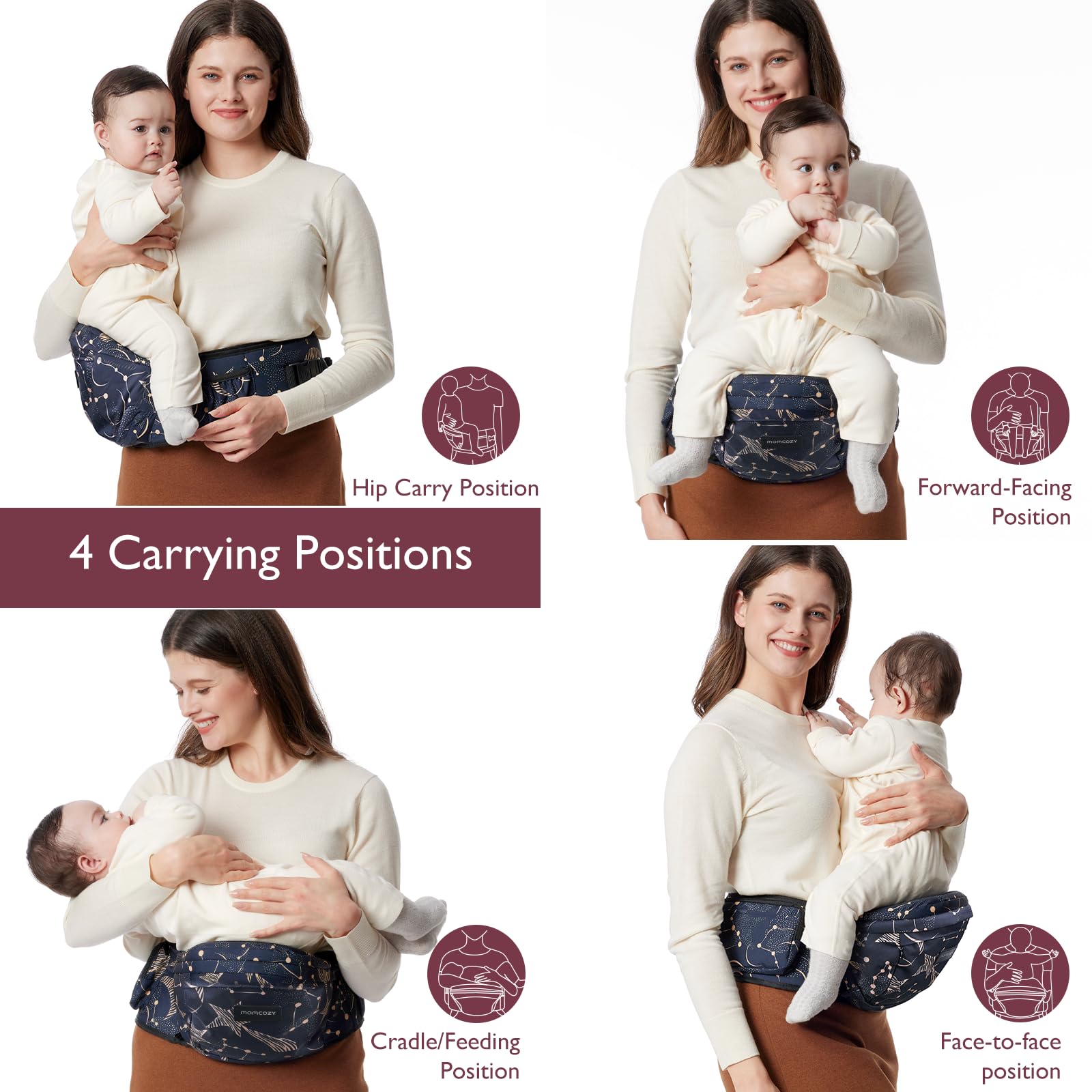 Momcozy hip seat carrier with multiple pockets for diapers, keys, and bottles.