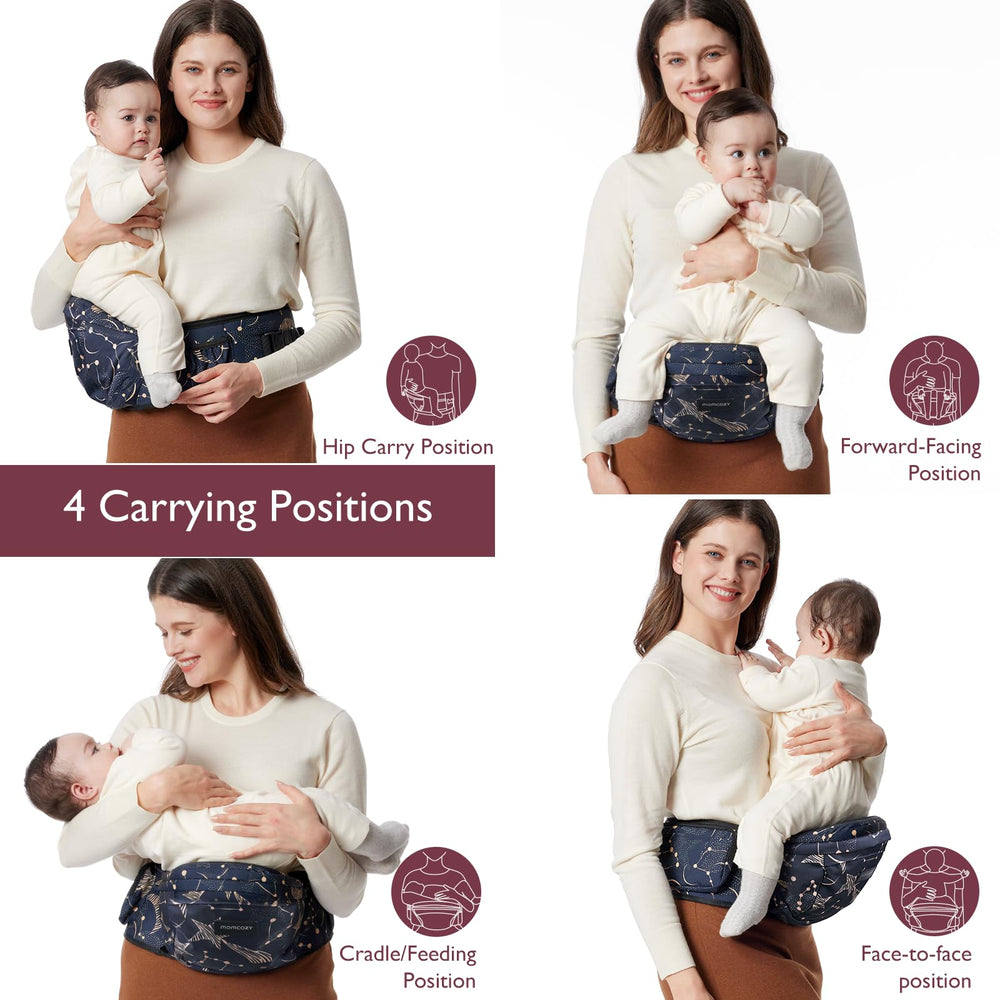 Momcozy hip seat carrier with multiple pockets for diapers, keys, and bottles.