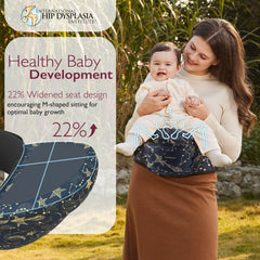 Momcozy hip seat carrier, side view highlights widened waistband for comfortable all-day wear.