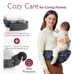 Momcozy hip seat carrier demonstrates widened waistband for secure hip stability.