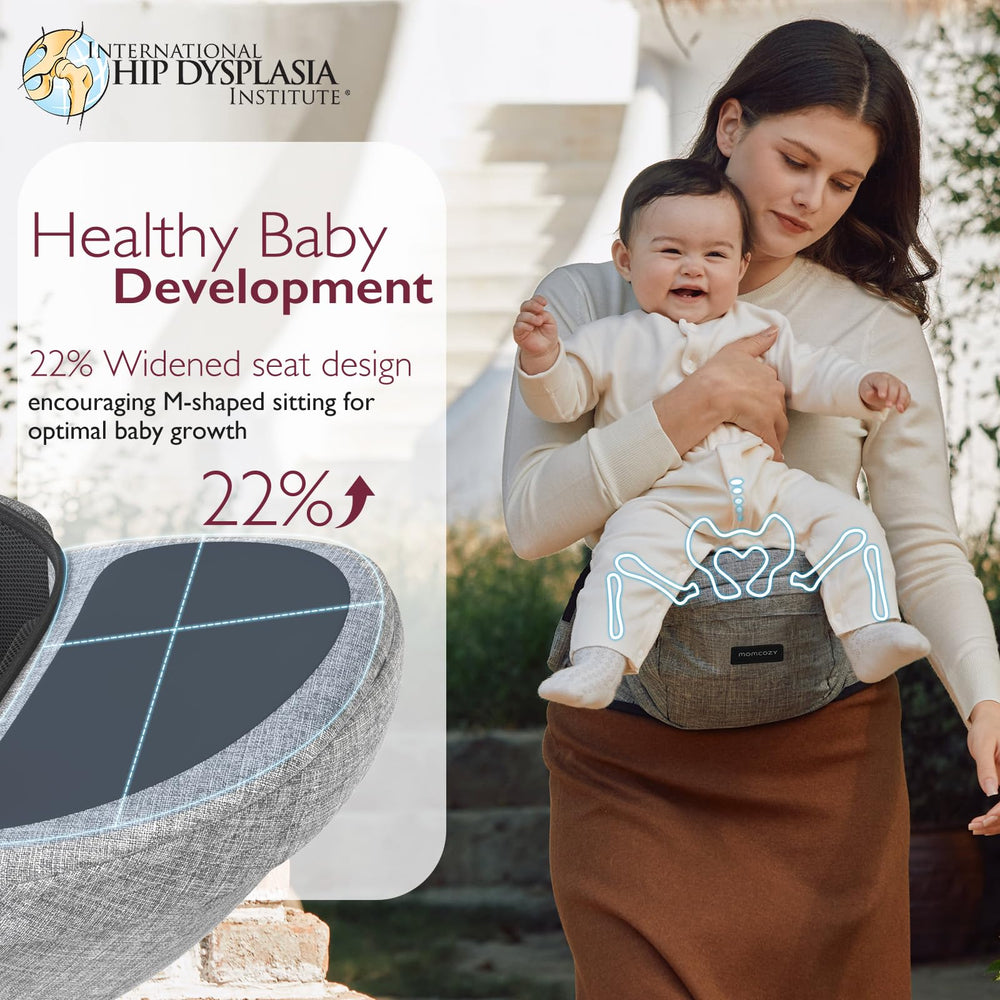 Momcozy hip seat carrier with original 3D belly protector providing lumbar support.