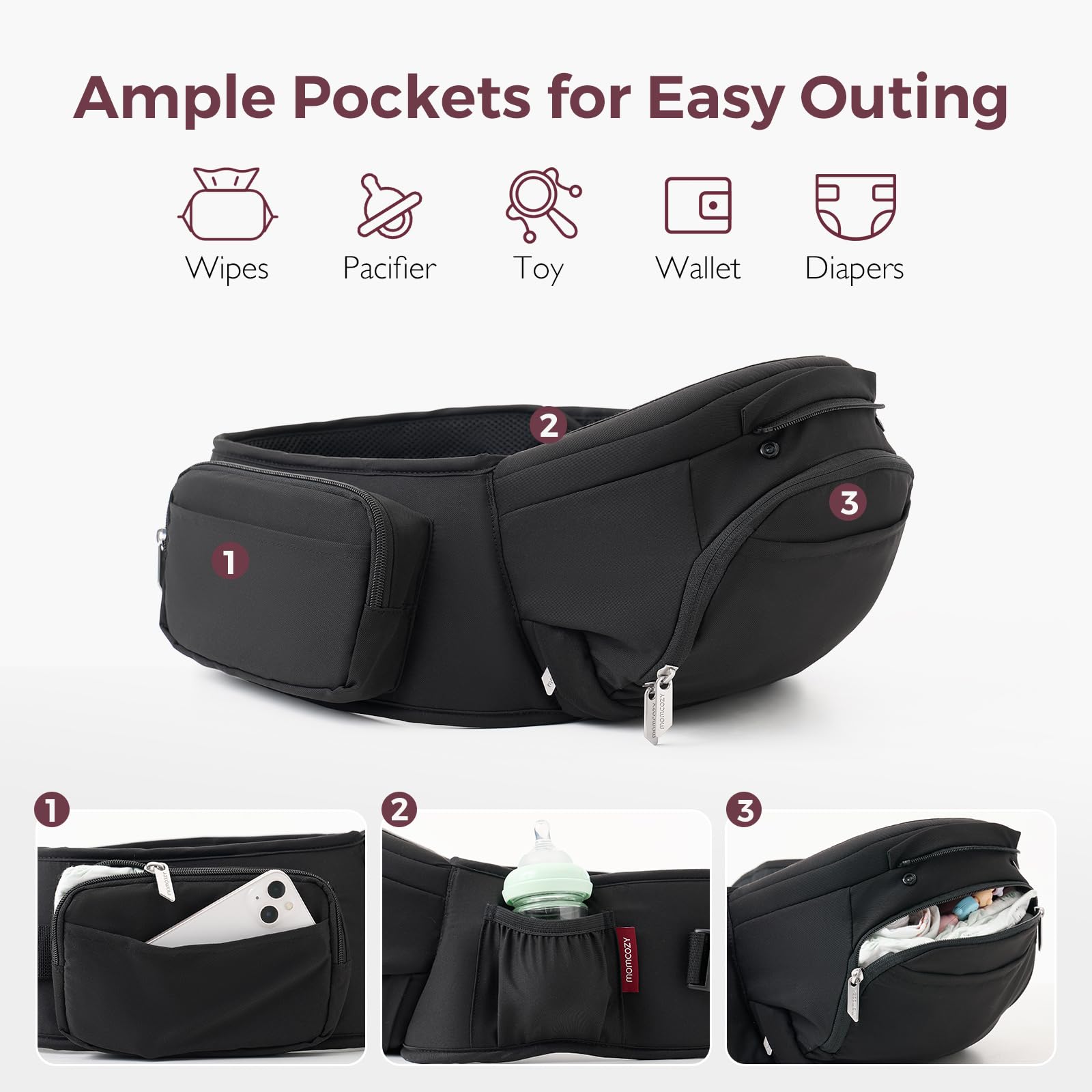 Momcozy hip-seat cradle position provides secure, ergonomic support.