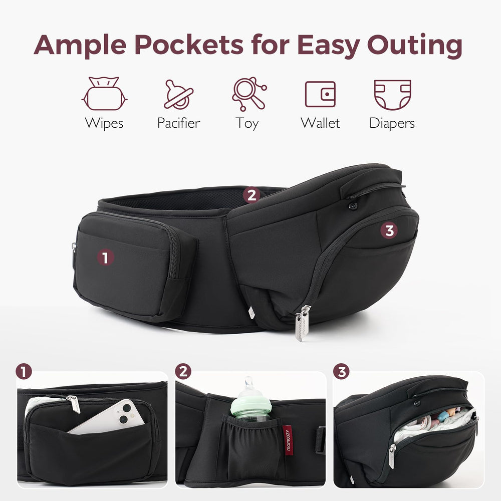 Momcozy hip-seat cradle position provides secure, ergonomic support.