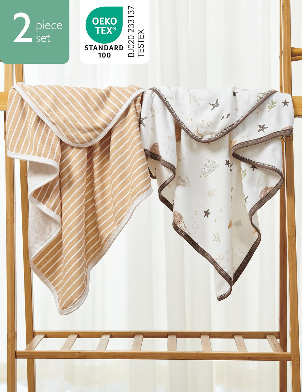 Momcozy hooded towel Leaves pattern keeps baby warm and dry after bath.