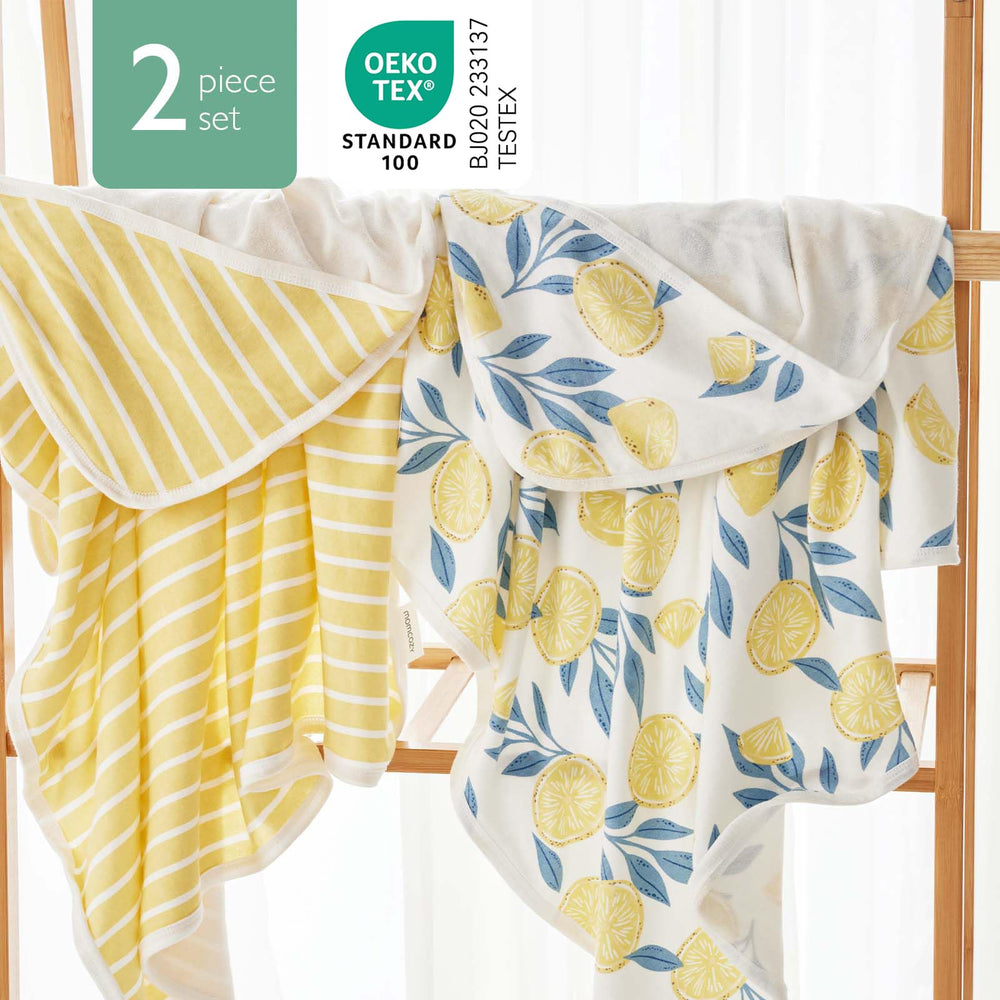 Momcozy Hooded Baby Towel Lemon Leaves 35x35 inches for full newborn to toddler coverage.