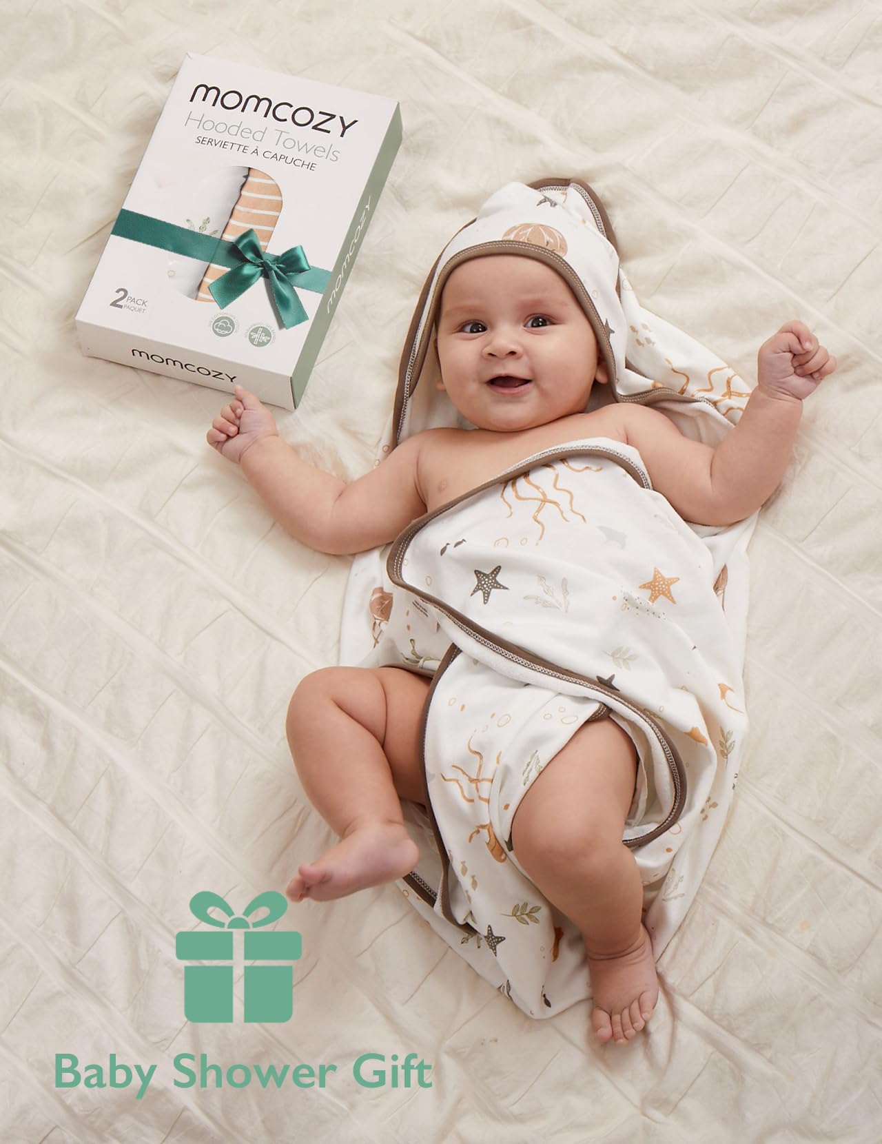 Momcozy hooded towel Lemons pattern adds cheerful post-bath comfort for babies.