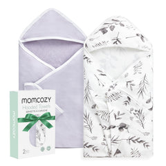 Momcozy hooded towel with leaves design, front view, ideal for cozy post-bath snuggles