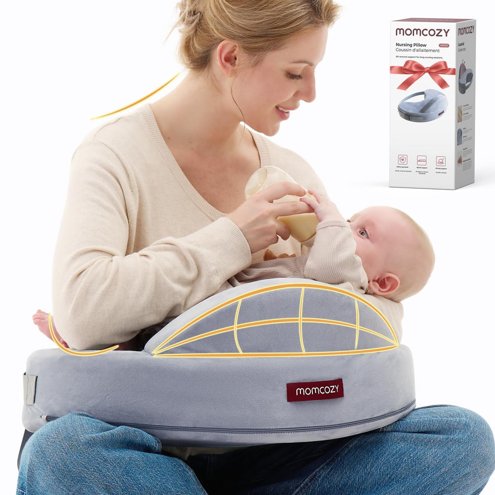 Momcozy safety fence nursing pillow demonstrates cradle design for safer feeds