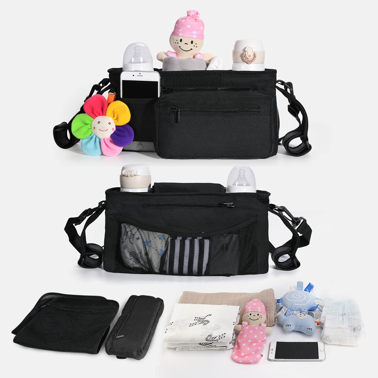 Momcozy insulated cup holder secures drinks during walks.