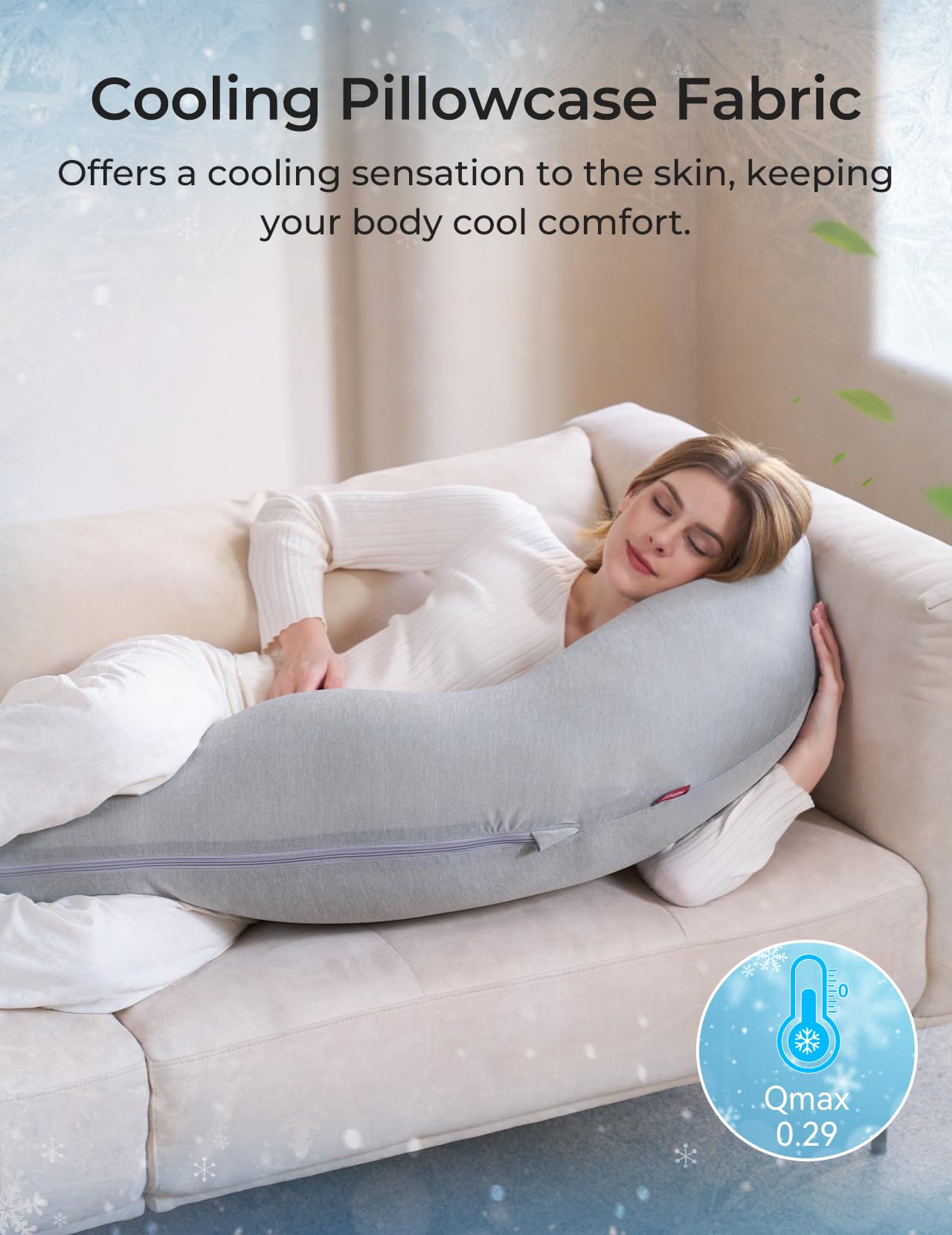 Momcozy J-Shaped Pillow provides side-sleeper relief for belly and hip comfort