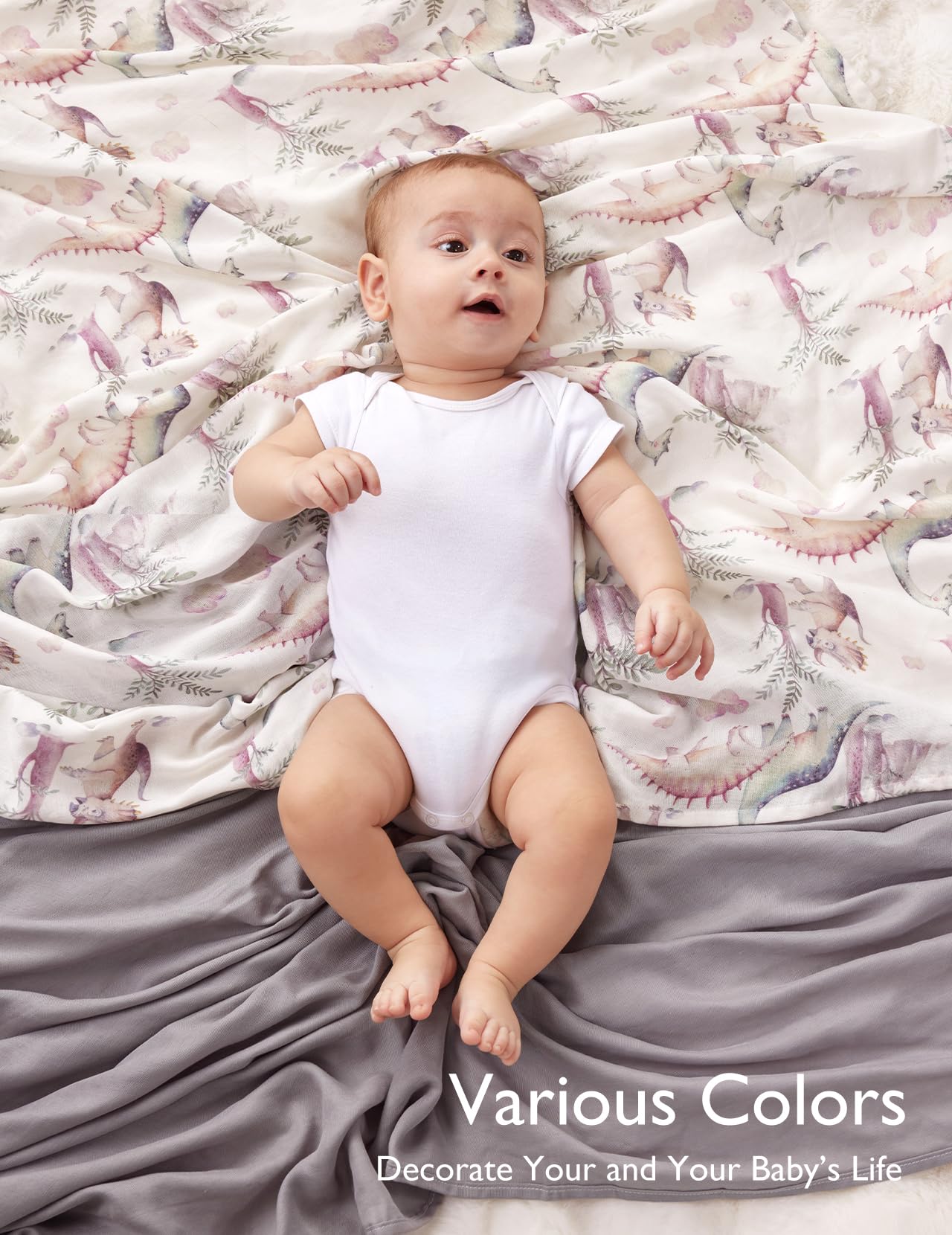 Momcozy jungle dinosaur pattern adds playful charm to swaddling.