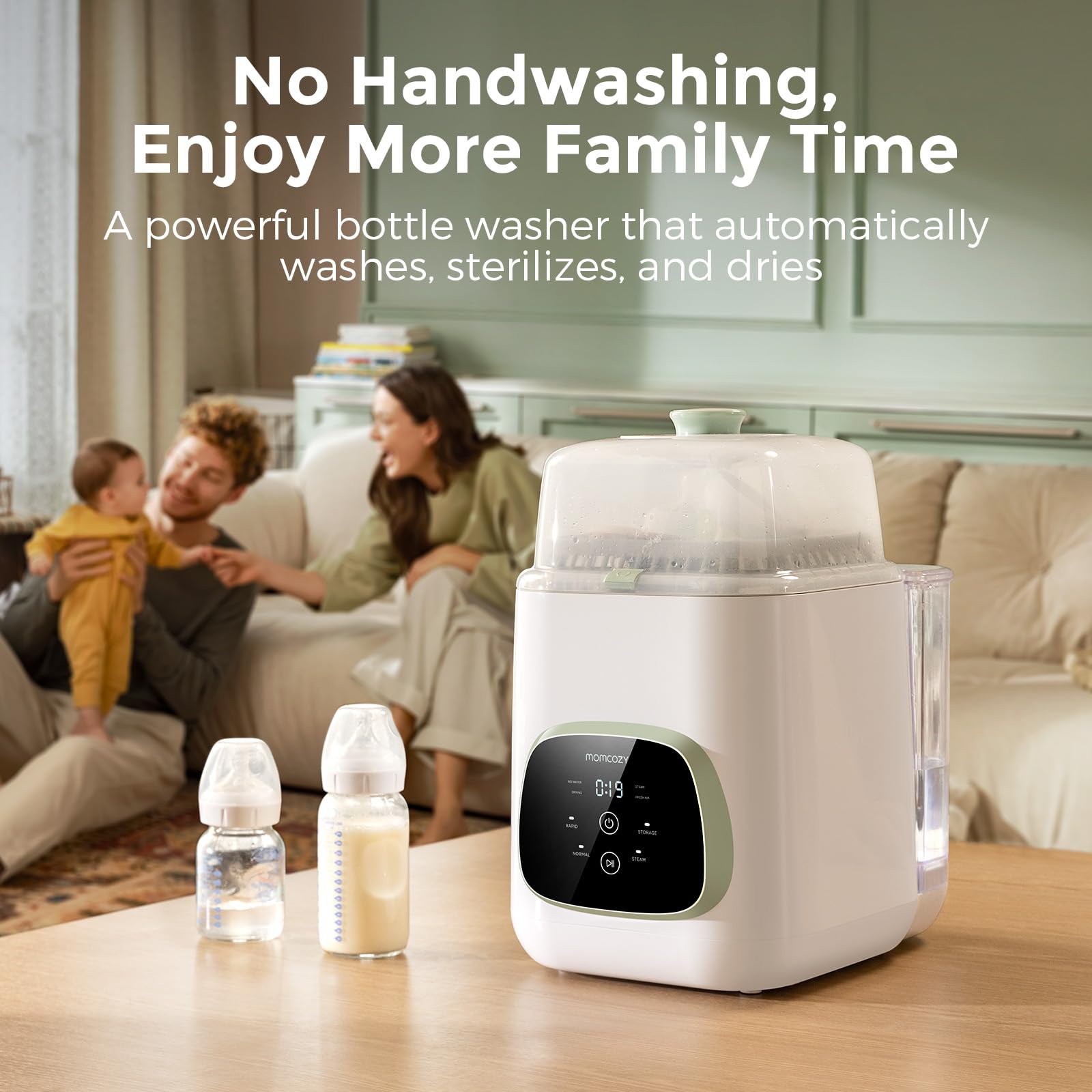Momcozy KleanPal Pro sterilize-dry-cycle shows steam sterilization for baby gear