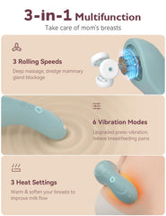 Momcozy lactation massager heat function activated for soothing comfort during breastfeeding.