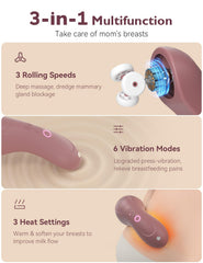Momcozy lactation massager heat function provides soothing warmth for engorgement comfort.