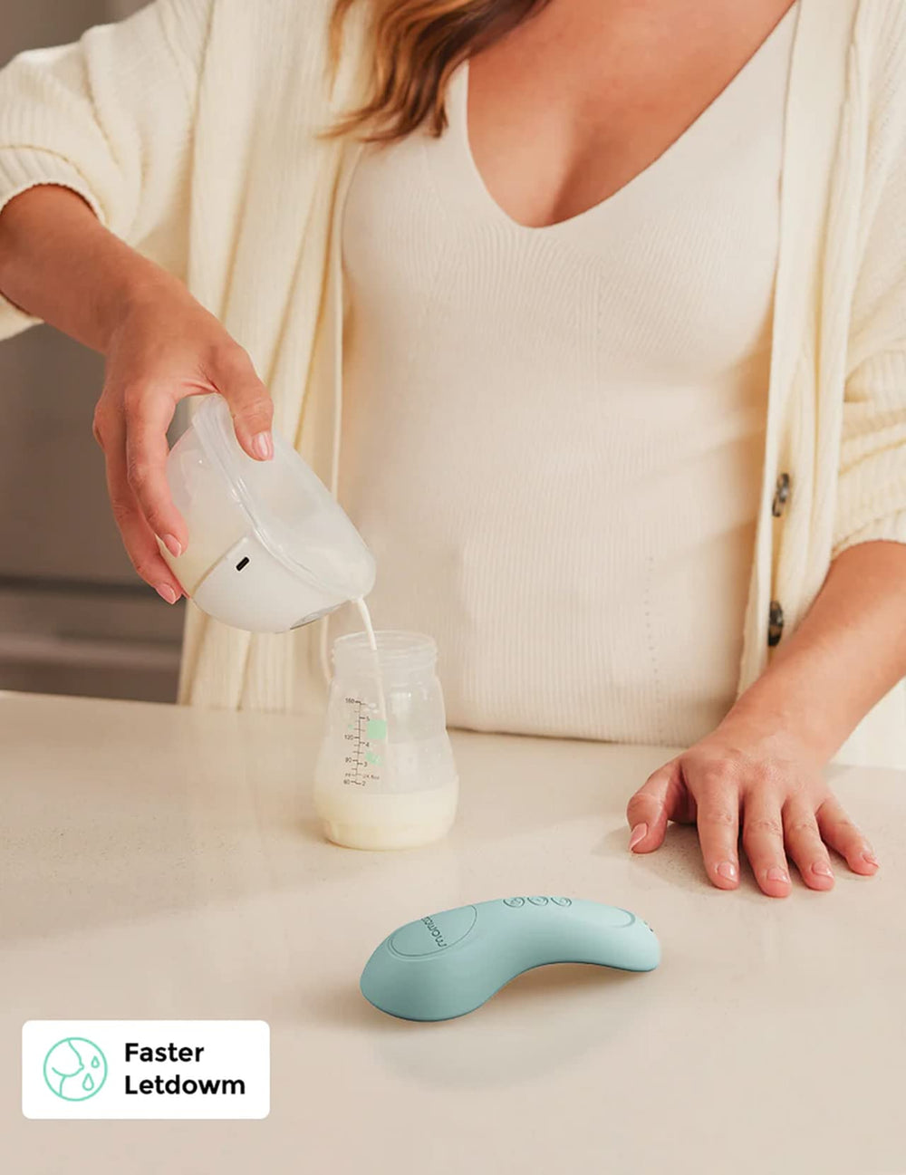 Momcozy lactation massager shown for shower use with waterproof design.