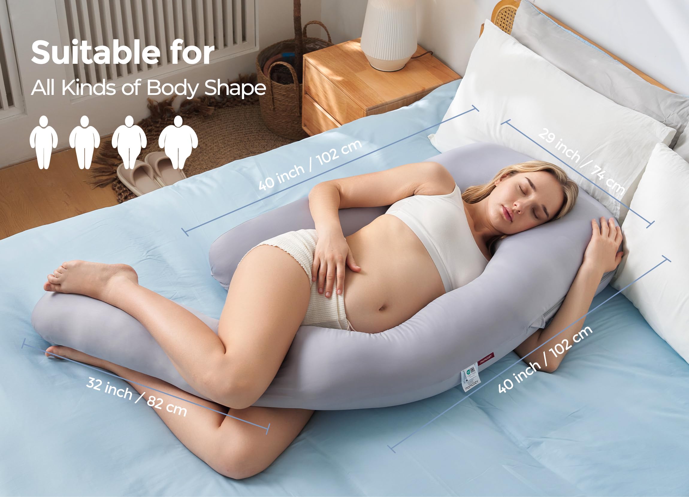 Momcozy length-adjustable pillow extends from 50 to 72 inches for different body types.